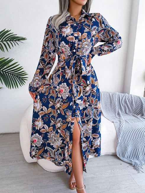tied-printed-long-sleeve-midi-dress Sophia's Trends - Sophia's Style-Royal Blue-S